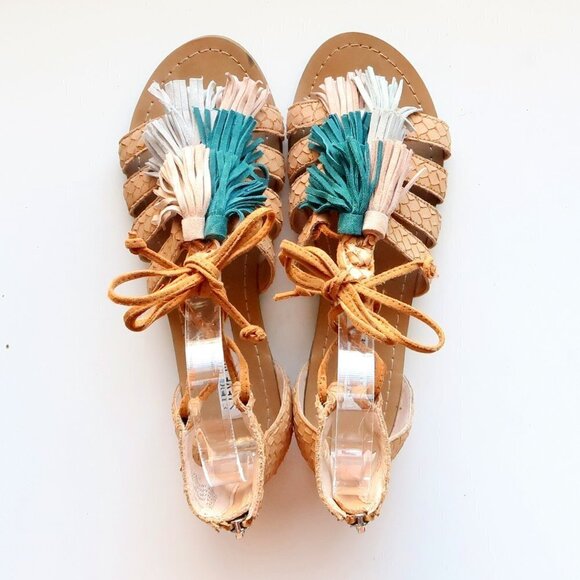 Steve Madden Monrowe Tan Leather Ankle Tie Tassel Gladiator Sandals Summer Shoes - Picture 5 of 15